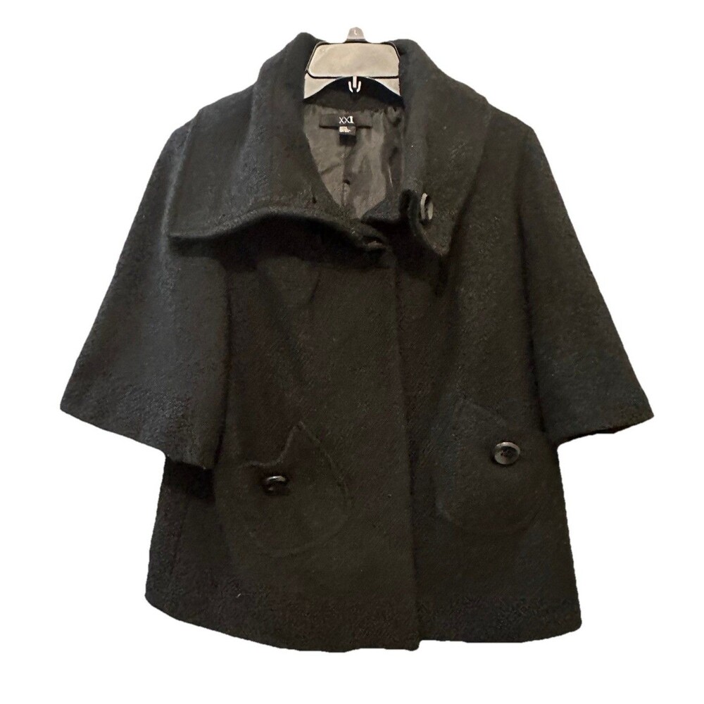 XXI Forever 21 Black Boucle Swing Coat M 60s Mod 3/4 Sleeve S-101D1076 Chi